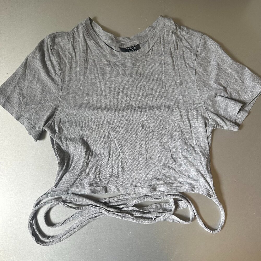Topshop grey cropped tee with wrap-around strings